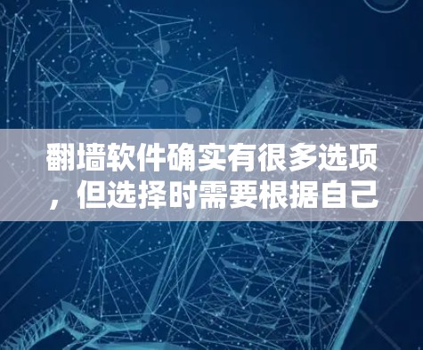 翻墙软件确实有很多选项,但选择时需要根据自己的需求来决定。以下是一些可能有用的考虑因素 翻墙软件确实有很多选项,但选择时需要根据自己的需求来决定。以下是一些可能有用的考虑因素