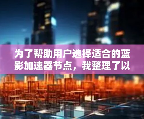 为了帮助用户选择适合的蓝影加速器节点,我整理了以下推荐,根据用户的需求和功能选择合适的加速器类型 为了帮助用户选择适合的蓝影加速器节点,我整理了以下推荐,根据用户的需求和功能选择合适的加速器类型